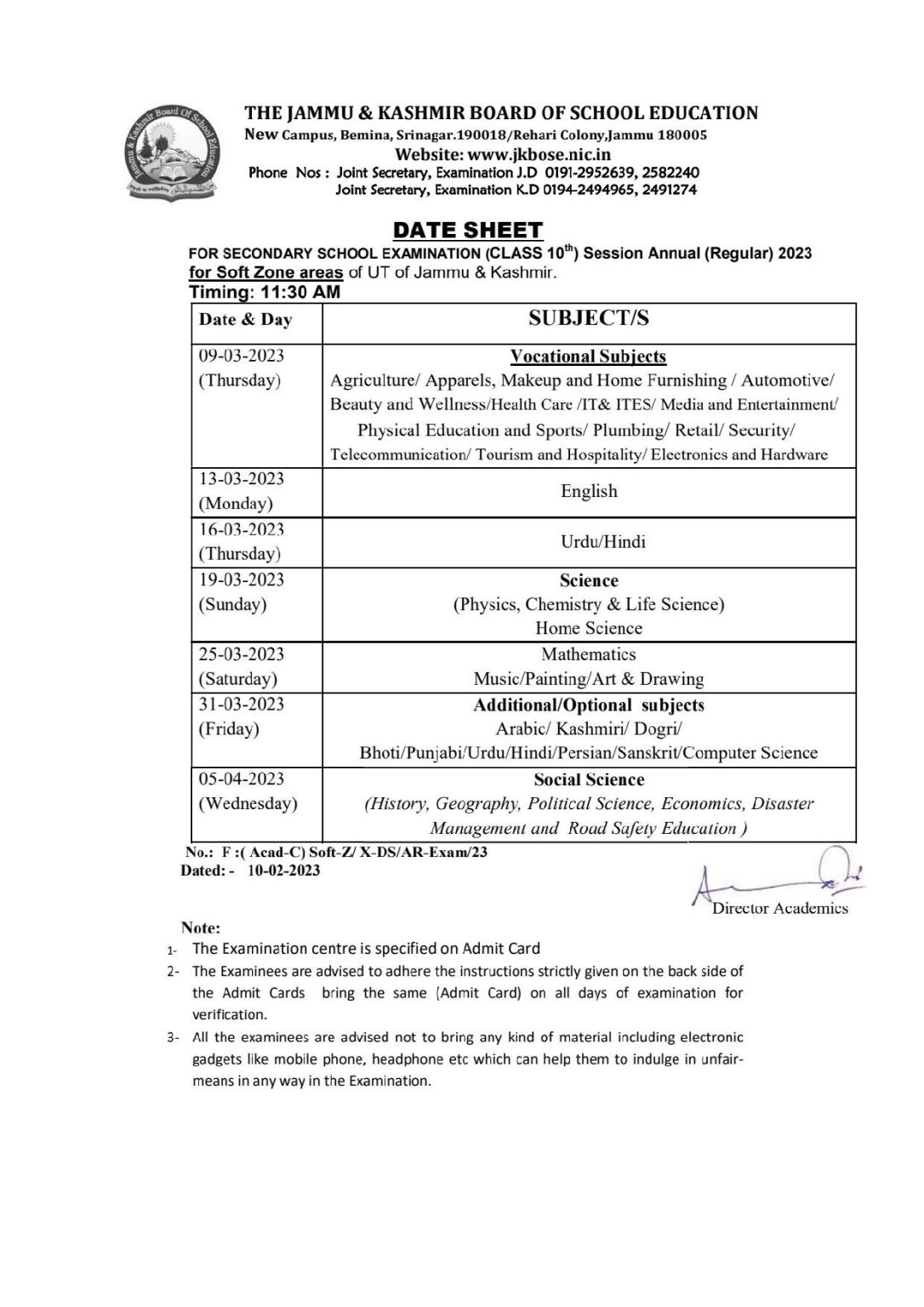 JKBOSE 10th Date Sheet 2024 Download JK Board 10th Class Exam