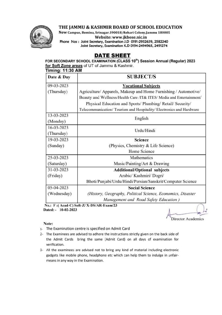 JKBOSE 10th Date Sheet 2024 Download JK Board 10th Class Exam