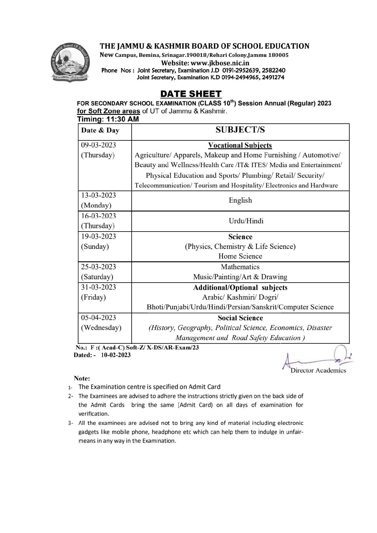 Jammu & Kashmir Board Exam Schedule 2023 Download