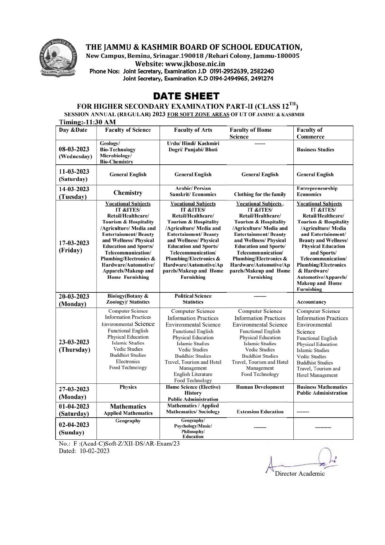 Jammu & Kashmir Board 12th Exam Schedule 2023